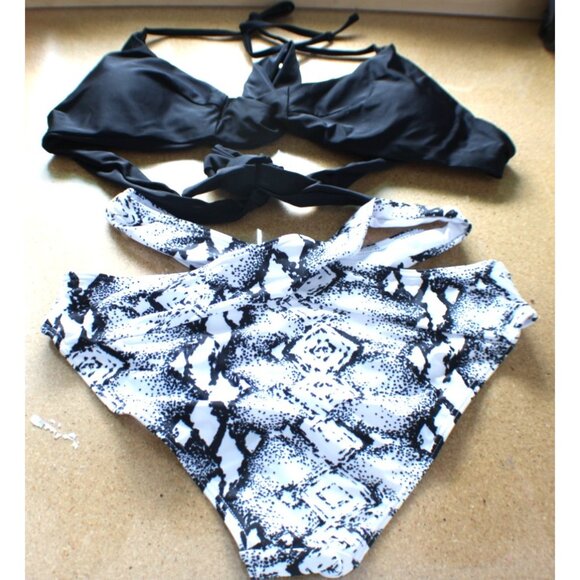 NEW 2-Pc Swimsuit Sz M High Waisted Bikini Set Black Snakeskin Bottoms Holipick - Picture 1 of 10